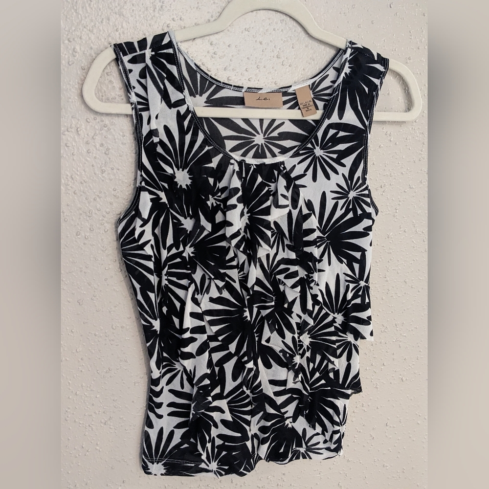 i.e. Black and White Floral Sheer Mesh Ruffled Sleeveless Blouse